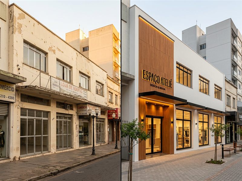 Fachada comercial antes e depois de reforma, exemplo de fachadas e ampliações